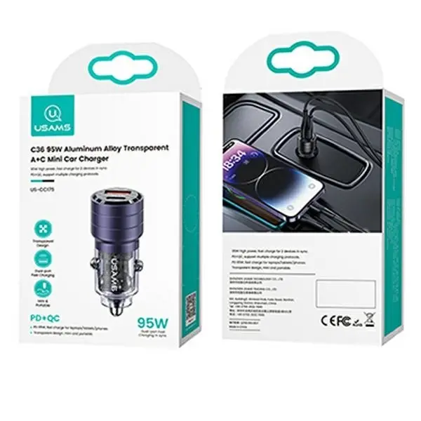 Ładowarka samochodowa USAMS C36 USB+USB-C 95W Fioletowy