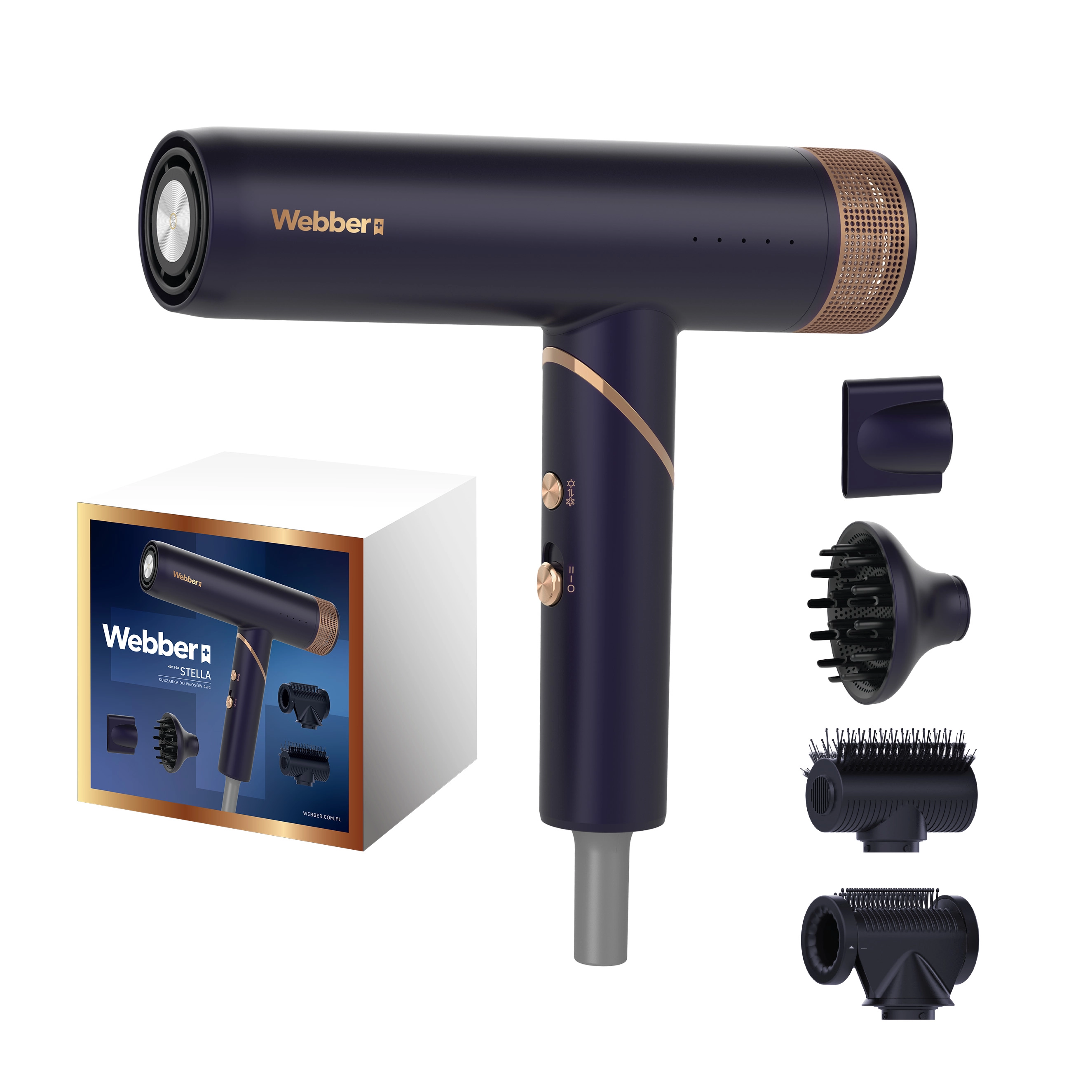 Suszarka do włosów Webber Stella HD1998 Jonizacja Dyfuzor Zimny nawiew 2000W 2 prędkości 3 temperatury