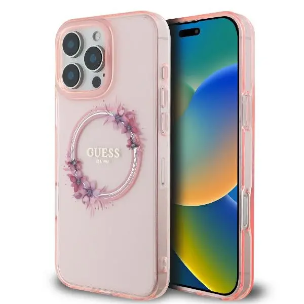 Etui Guess hardcase IML Flowers Wreath MagSafe do iPhone 16 Pro Różowy