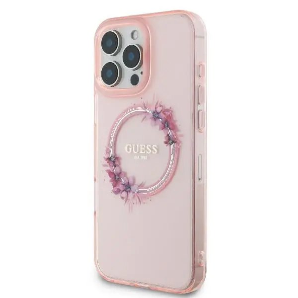 Etui Guess hardcase IML Flowers Wreath MagSafe do iPhone 16 Pro Różowy