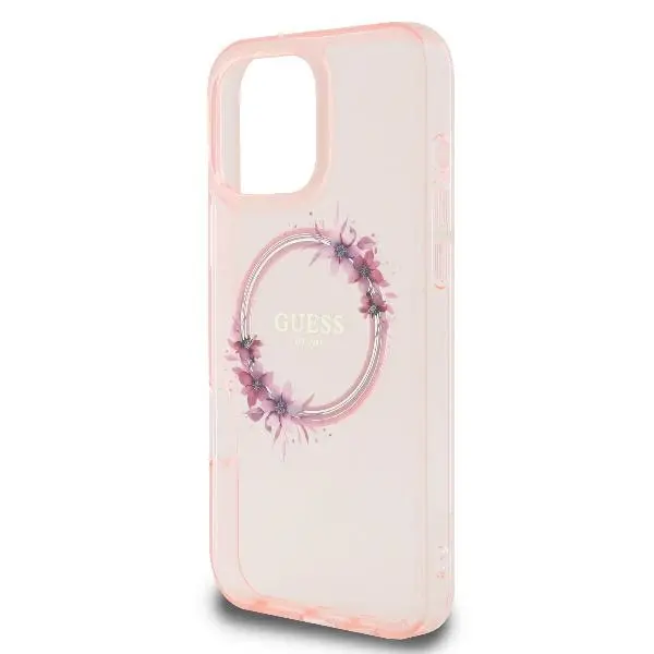 Etui Guess hardcase IML Flowers Wreath MagSafe do iPhone 16 Pro Różowy