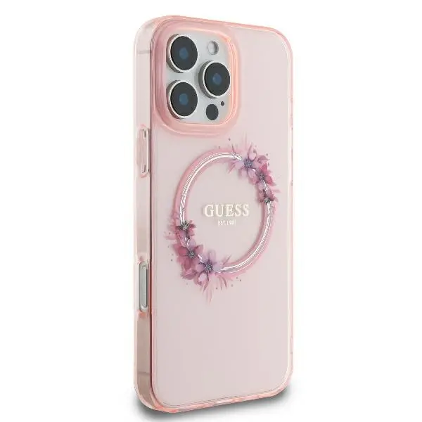 Etui Guess hardcase IML Flowers Wreath MagSafe do iPhone 16 Pro Różowy