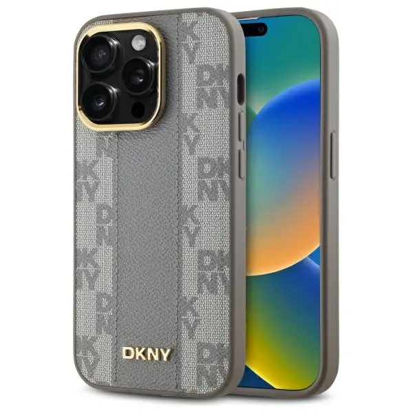Etui DKNY Leather Checkered Mono Pattern MagSafe do iPhone 14 Pro Beżowy