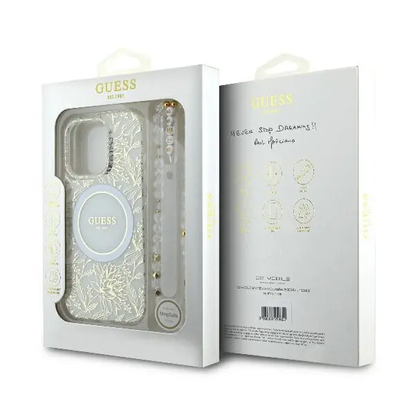 Etui Guess IML Flowers Allover Electro With Pearl Strap MagSafe do iPhone 16 Pro Max Biały