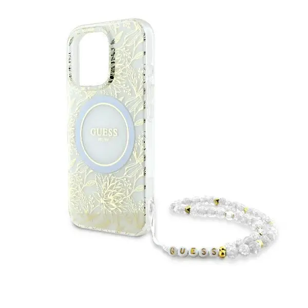 Etui Guess IML Flowers Allover Electro With Pearl Strap MagSafe do iPhone 16 Pro Max Biały