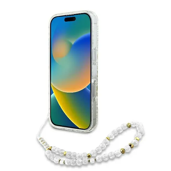 Etui Guess IML Flowers Allover Electro With Pearl Strap MagSafe do iPhone 16 Pro Max Biały