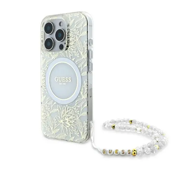 Etui Guess IML Flowers Allover Electro With Pearl Strap MagSafe do iPhone 16 Pro Max Biały