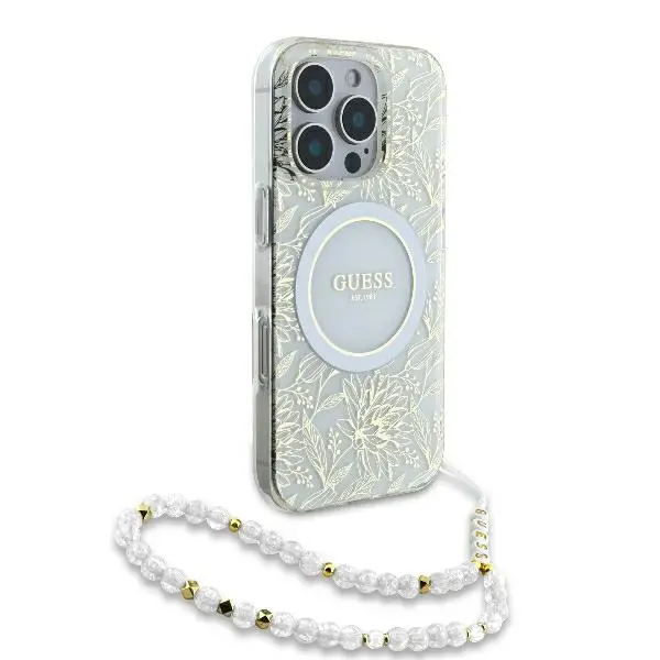 Etui Guess IML Flowers Allover Electro With Pearl Strap MagSafe do iPhone 16 Pro Max Biały