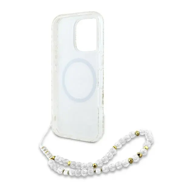 Etui Guess IML Flowers Allover Electro With Pearl Strap MagSafe do iPhone 16 Pro Max Biały