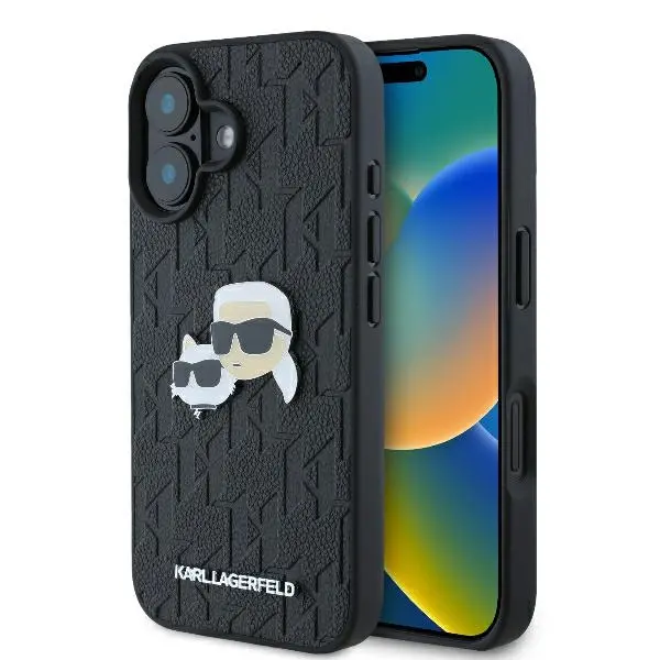 Etui Karl Lagerfeld Monogram Karl&Chaoupette Head Pin do iPhone 16 Plus Czarny