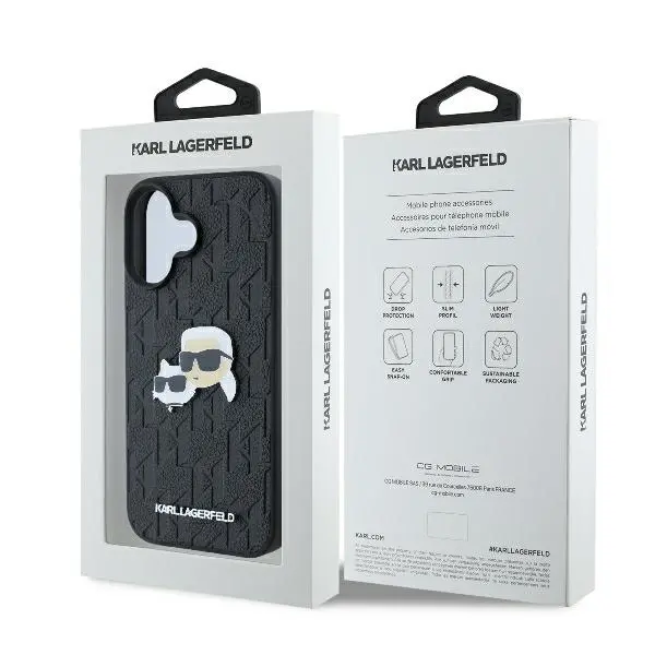 Etui Karl Lagerfeld Monogram Karl&Chaoupette Head Pin do iPhone 16 Plus Czarny