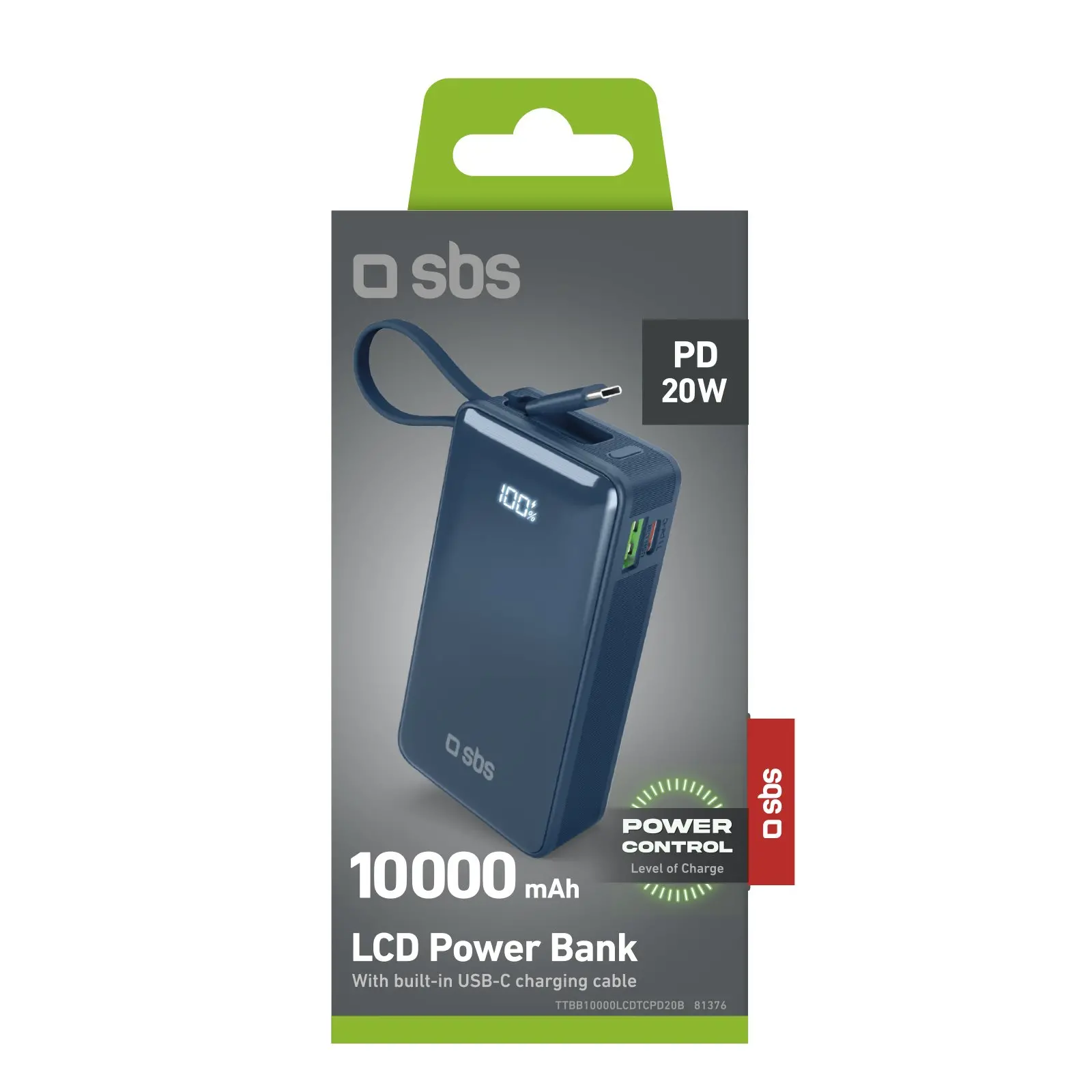 Powerbank SBS TTBB10000LCDTCPD20B 10000mAh PD 20W Wbudowany kabel USB-C Niebieski
