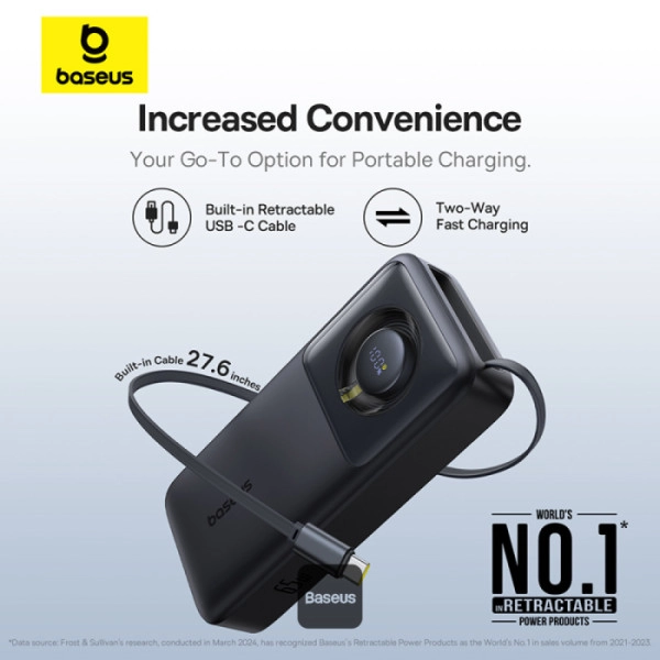 Powerbank Baseus Free2Pull 20000mAh z wbudowanym kablem USB-C 65W Czarny