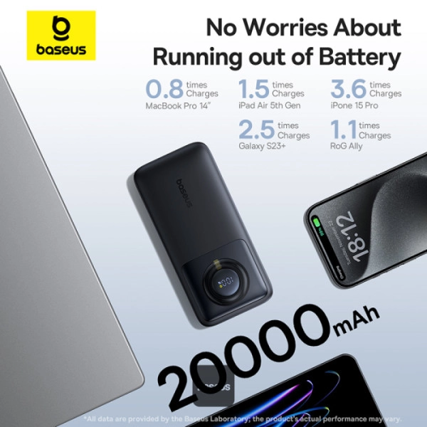Powerbank Baseus Free2Pull 20000mAh z wbudowanym kablem USB-C 65W Czarny