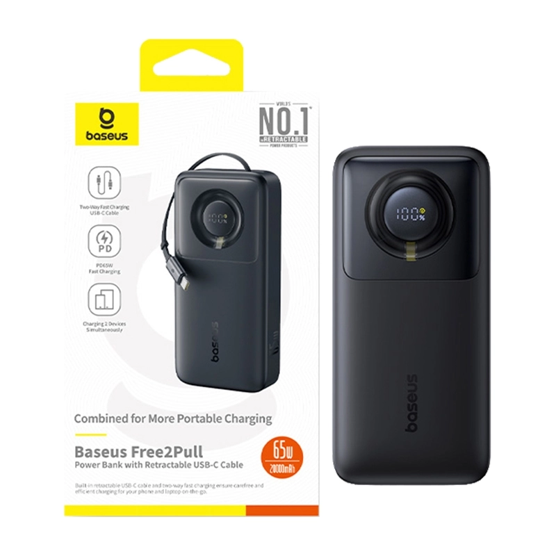 Powerbank Baseus Free2Pull 20000mAh z wbudowanym kablem USB-C 65W Czarny