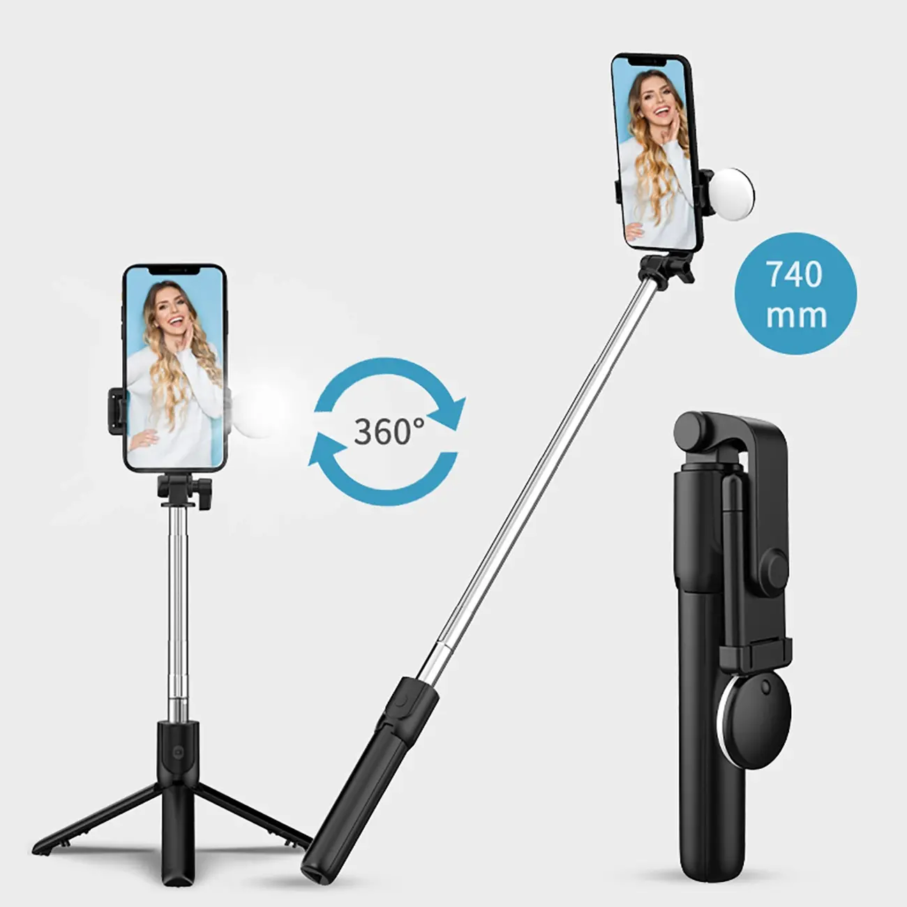 Selfie stick Hurtel WR1YXS 0,71m z lampką Czarno-srebrny