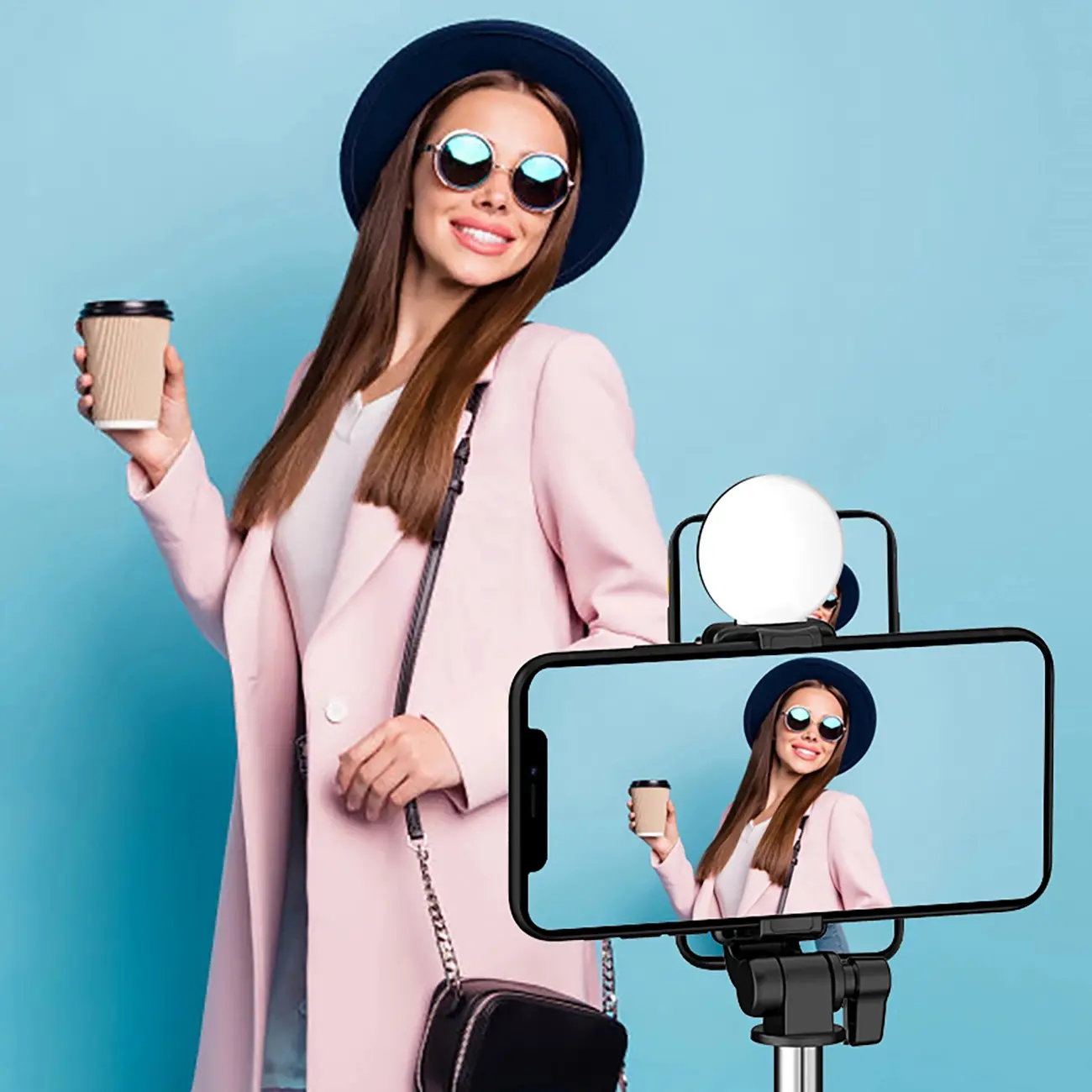 Selfie stick Hurtel WR1YXS 0,71m z lampką Czarno-srebrny