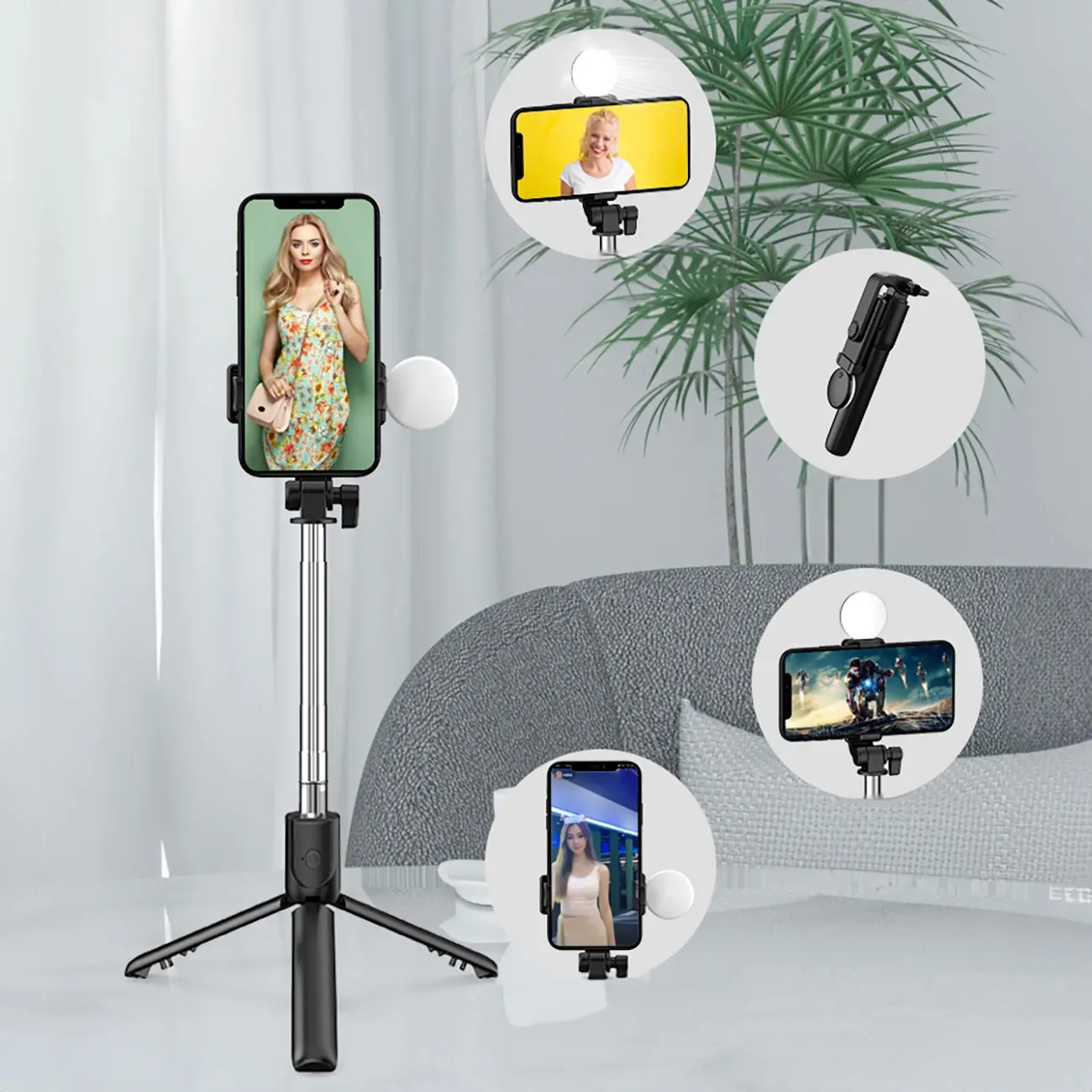 Selfie stick Hurtel WR1YXS 0,71m z lampką Czarno-srebrny