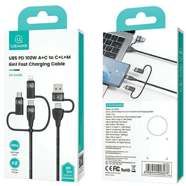 Kabel USAMS 2xUSB-C/USB/Micro-USB/ Lightning 6w1 100W PD Fast Charge 2m Czarny