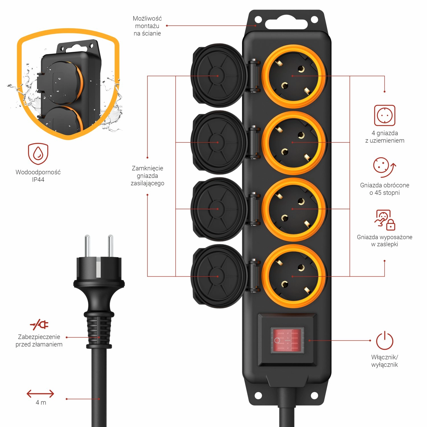Listwa Hama 223064 zewnętrzna 4 gniazda 4m IP44 Czarny