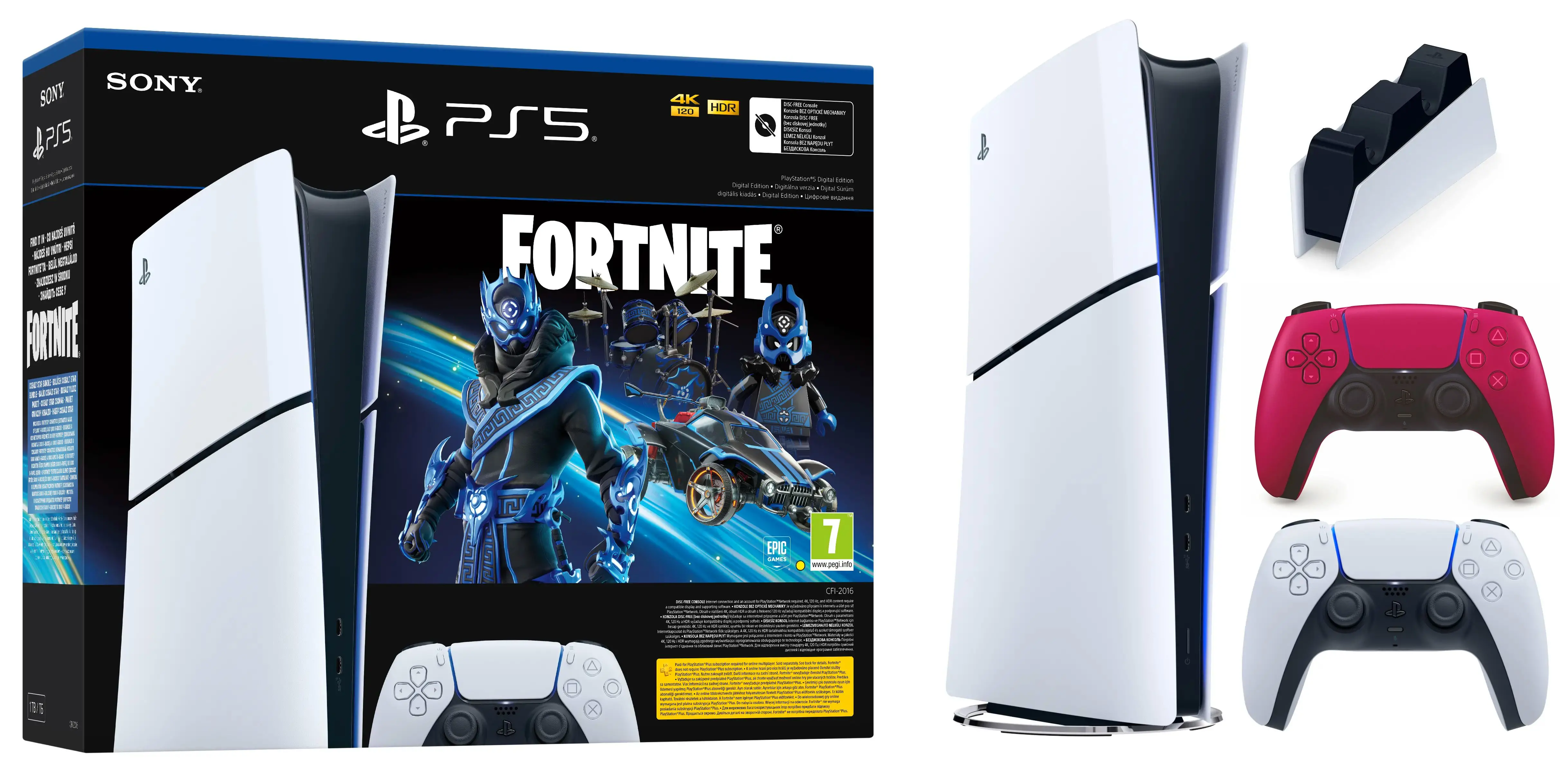 Konsola Sony PlayStation 5 Digital Slim D Chassis (PS5) 1TB Fortnite Cobalt + Dodatkowy Pad Czerwony + stacja ładowania DualSens