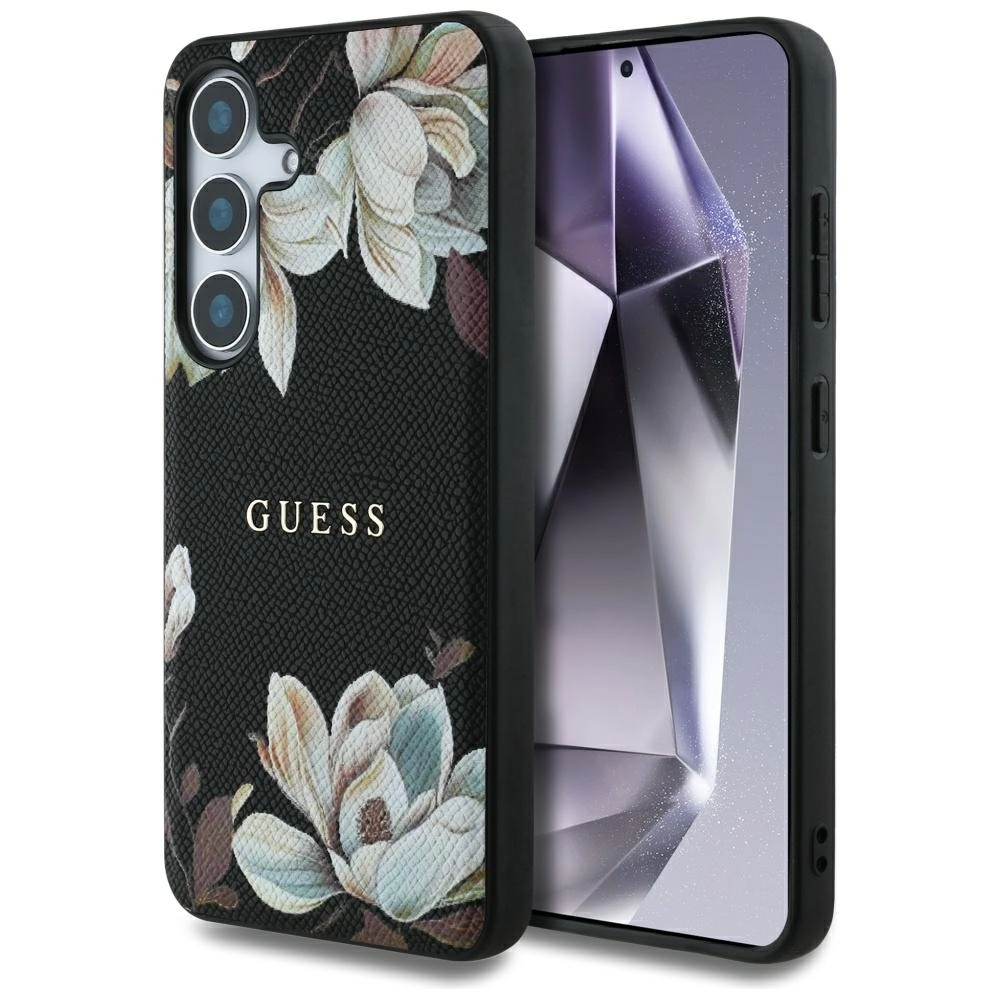 Etui Guess Grained Printed Flower Pattern MagSafe do Galaxy S25 Czarny