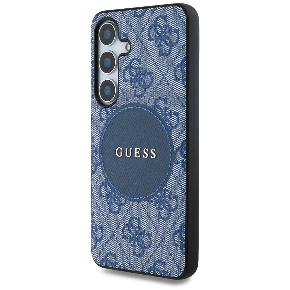 Etui Guess 4G Round Patch Classic Logo MagSafe do Galaxy S25 Niebieski