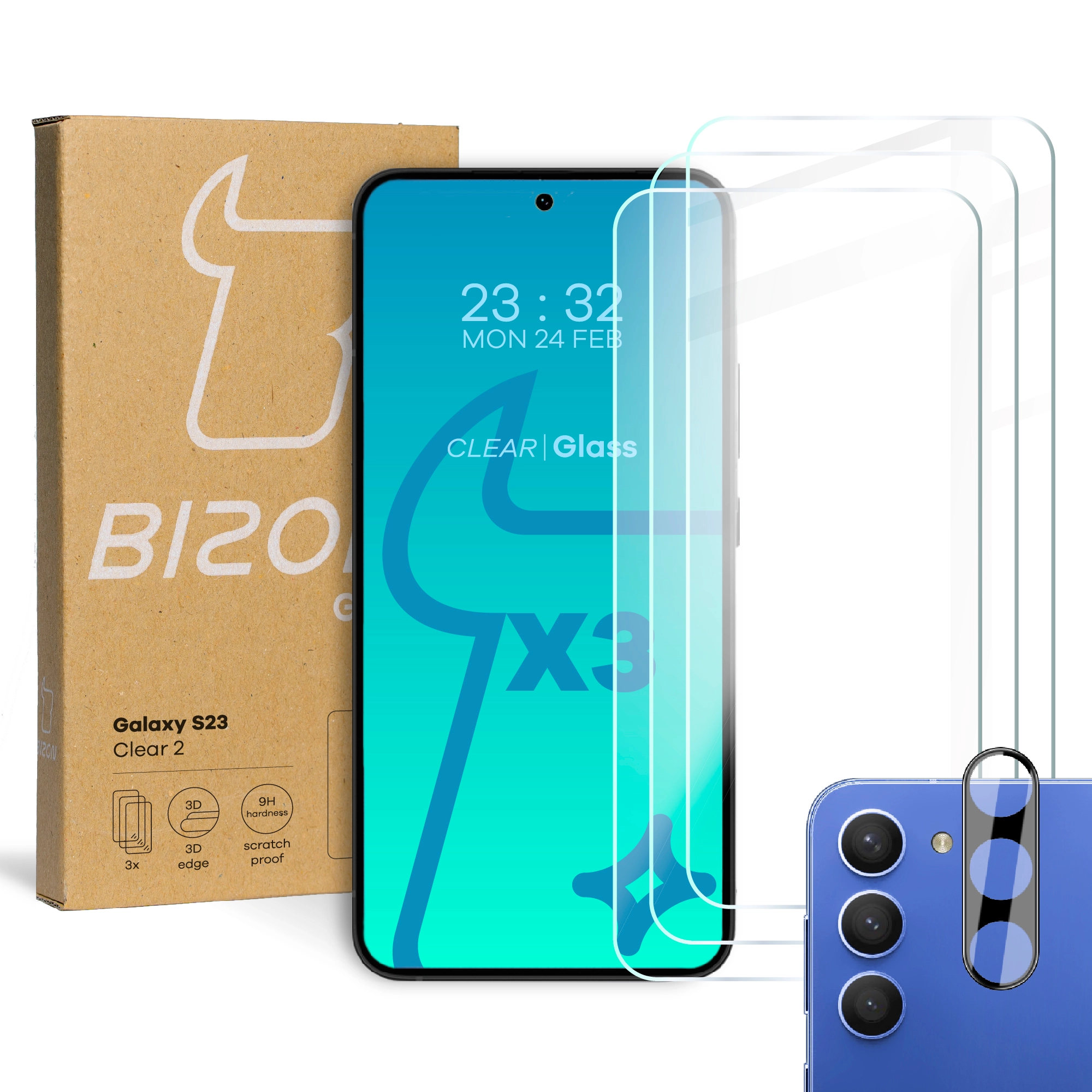 Zestaw ochronny Bizon 3x szkło + szybka na aparat Clear 2 do Galaxy S23