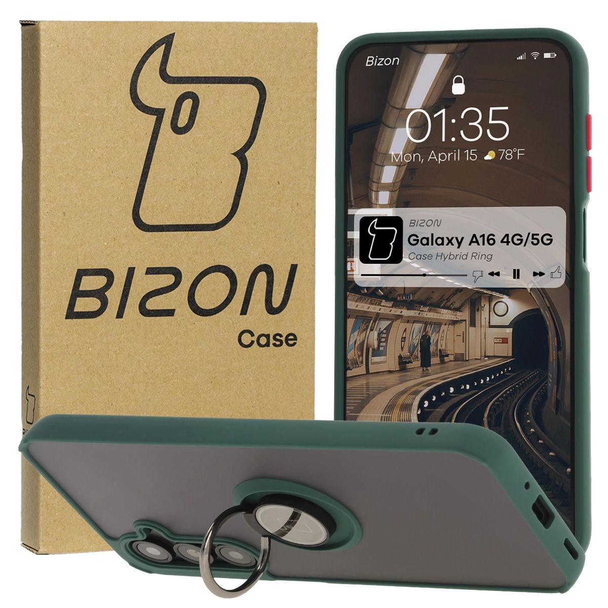 Etui Bizon z uchwytem na palec Hybrid Ring do Galaxy A16 4G/5G Przydymione z ciemnozieloną ramką