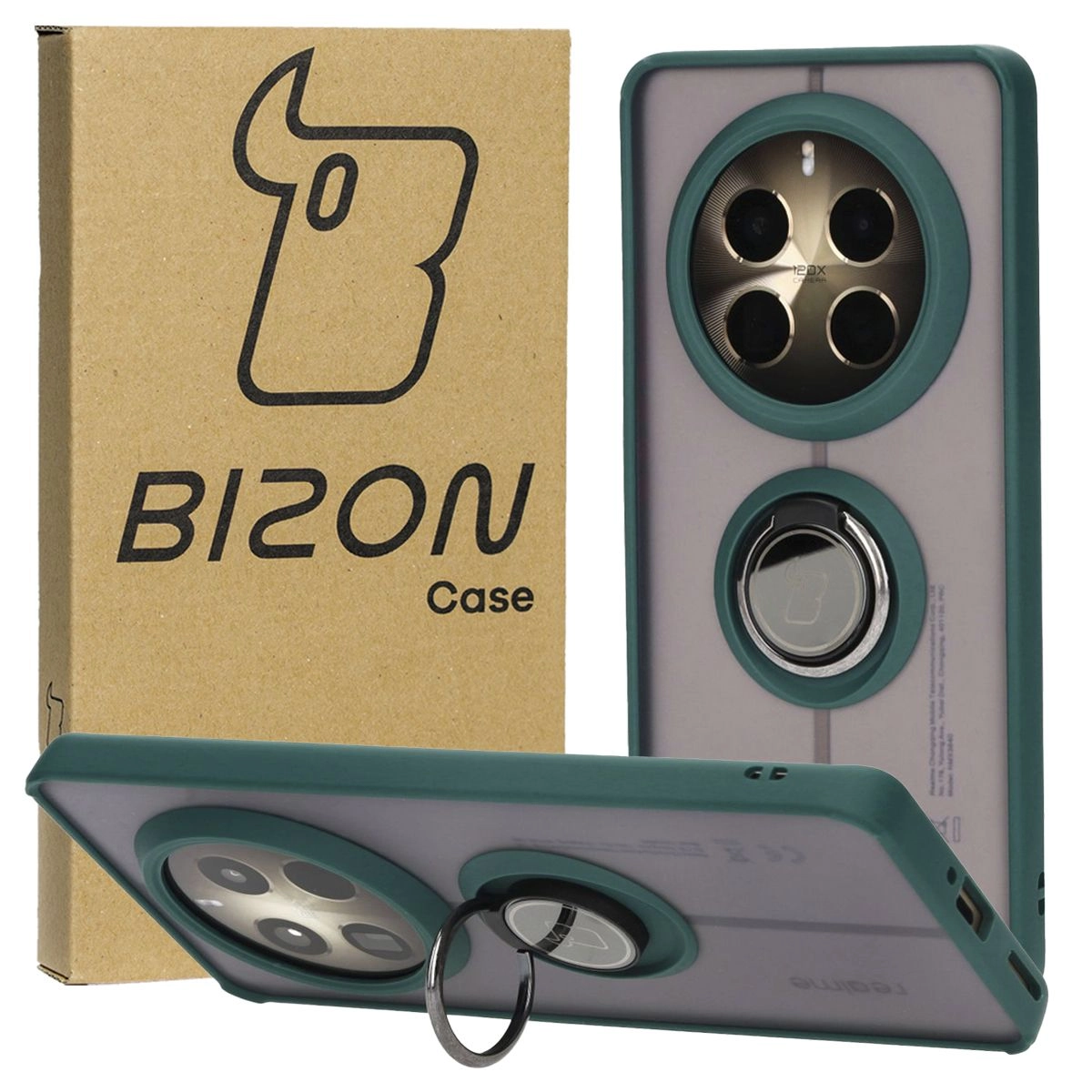 Etui Bizon z uchwytem na palec Hybrid Ring do Realme 12 Pro / 12 Pro+ Przydymione z ciemnozieloną ramką