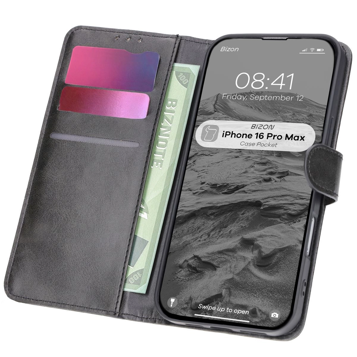 Etui Bizon z klapką Pocket do iPhone 16 Pro Max Czarny