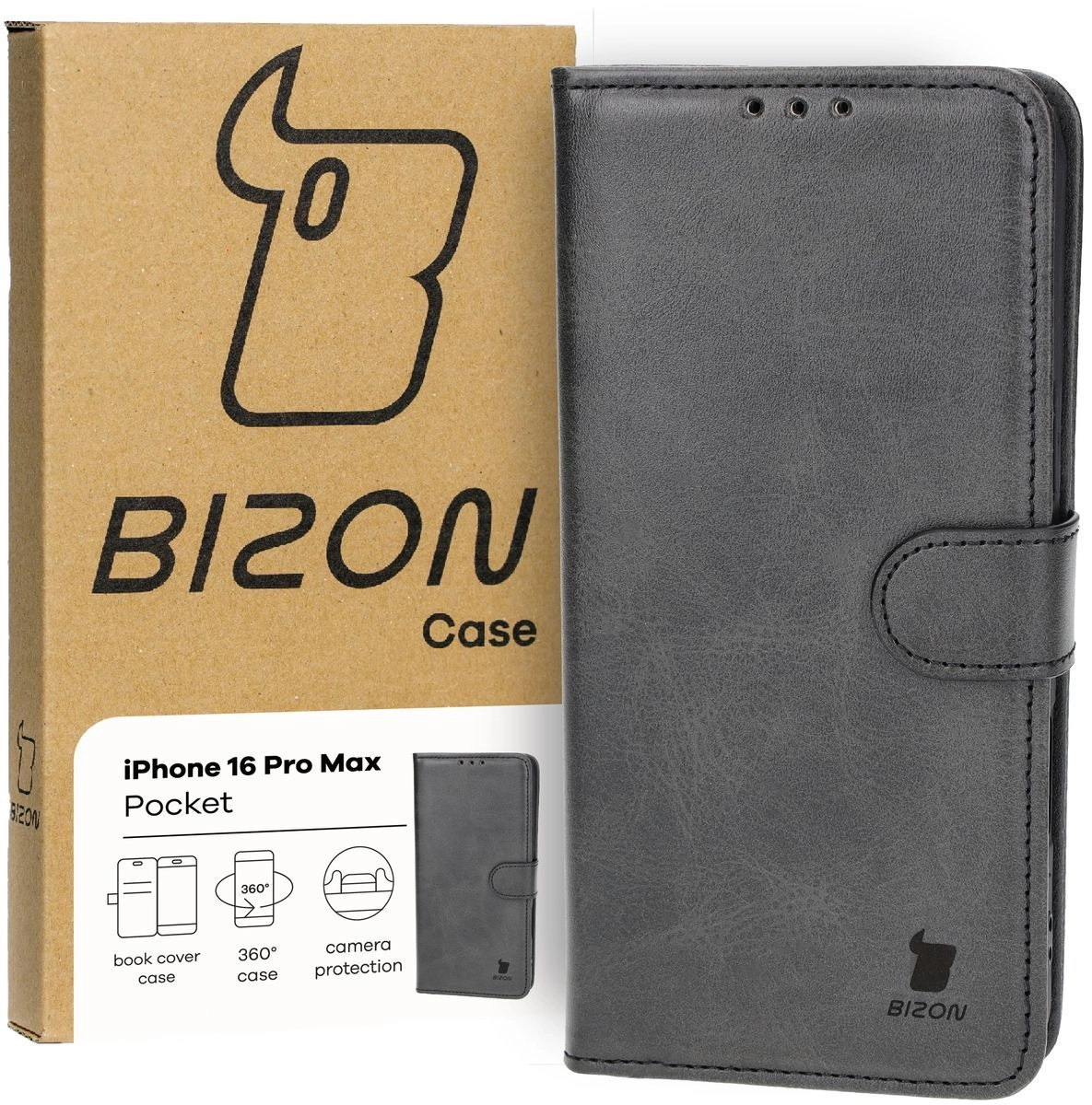 Etui Bizon z klapką Pocket do iPhone 16 Pro Max Czarny