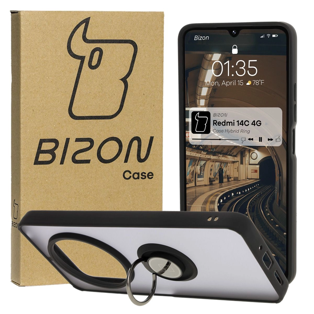 Etui Bizon z uchwytem na palec Hybrid Ring do Xiaomi Redmi 14C 4G / POCO C75 Przydymione z czarną ramką