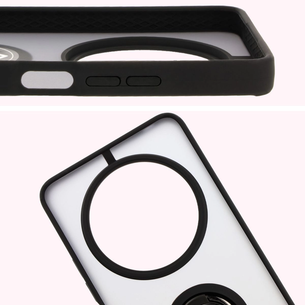 Etui Bizon z uchwytem na palec Hybrid Ring do Xiaomi Redmi 14C 4G / POCO C75 Przydymione z czarną ramką