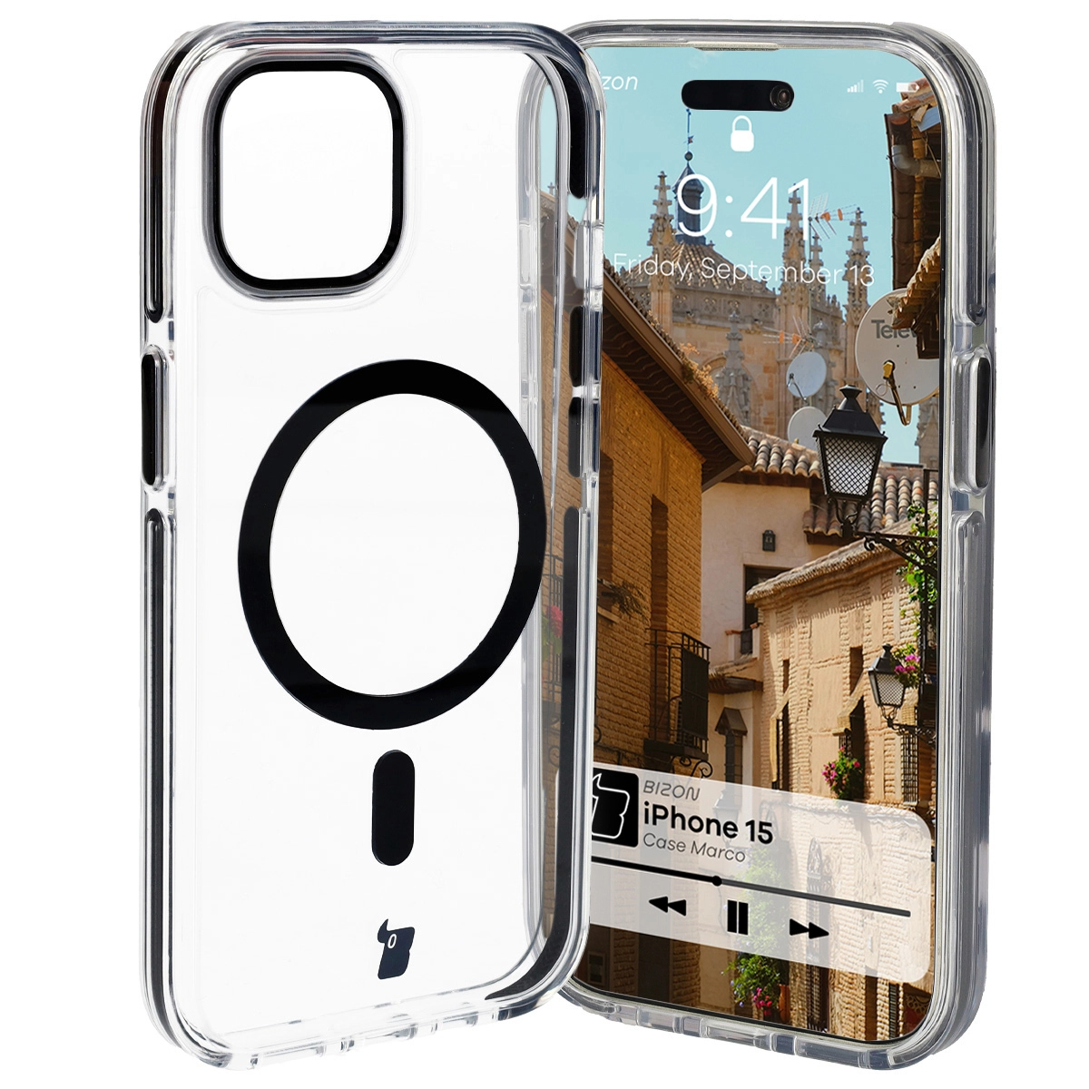 Etui Bizon Marco z MagSafe do iPhone 15 Przezroczyste z czarną ramką