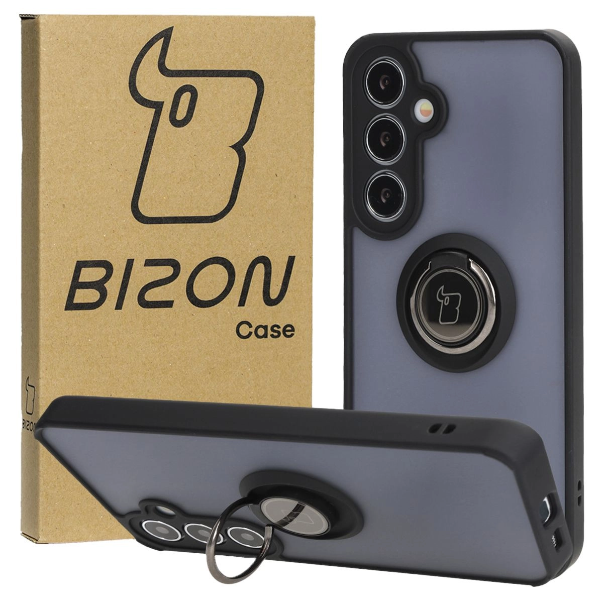Etui Bizon z uchwytem na palec Hybrid Ring do Galaxy S25 Plus / S24 Plus Przydymione z czarną ramką