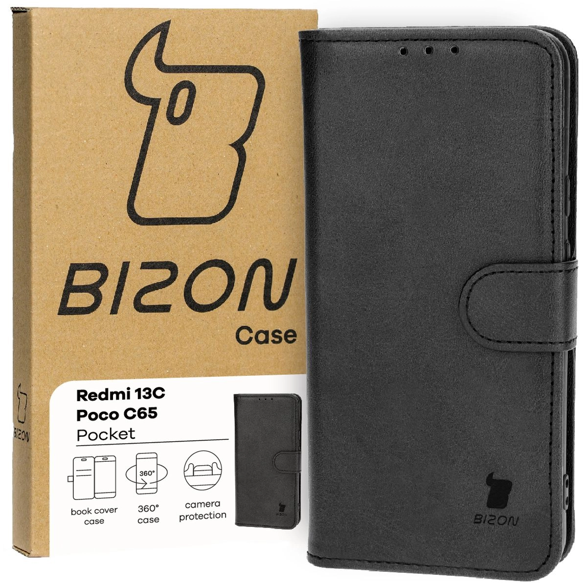 Etui Bizon z klapką Pocket do Xiaomi Redmi 13C/Xiaomi Poco C65 Czarny