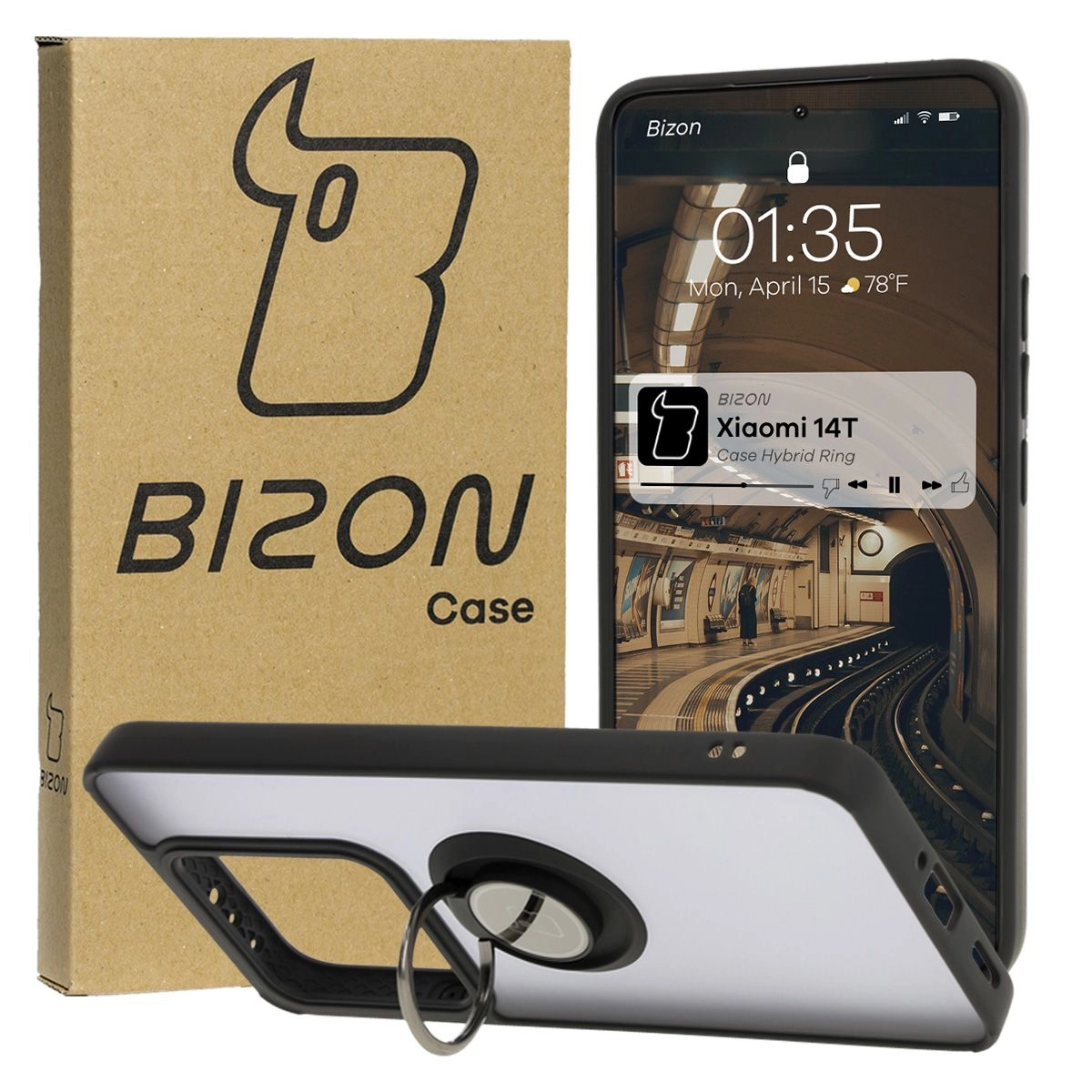 Etui Bizon z uchwytem na palec Hybrid Ring do Xiaomi 14T Przydymione z czarną ramką