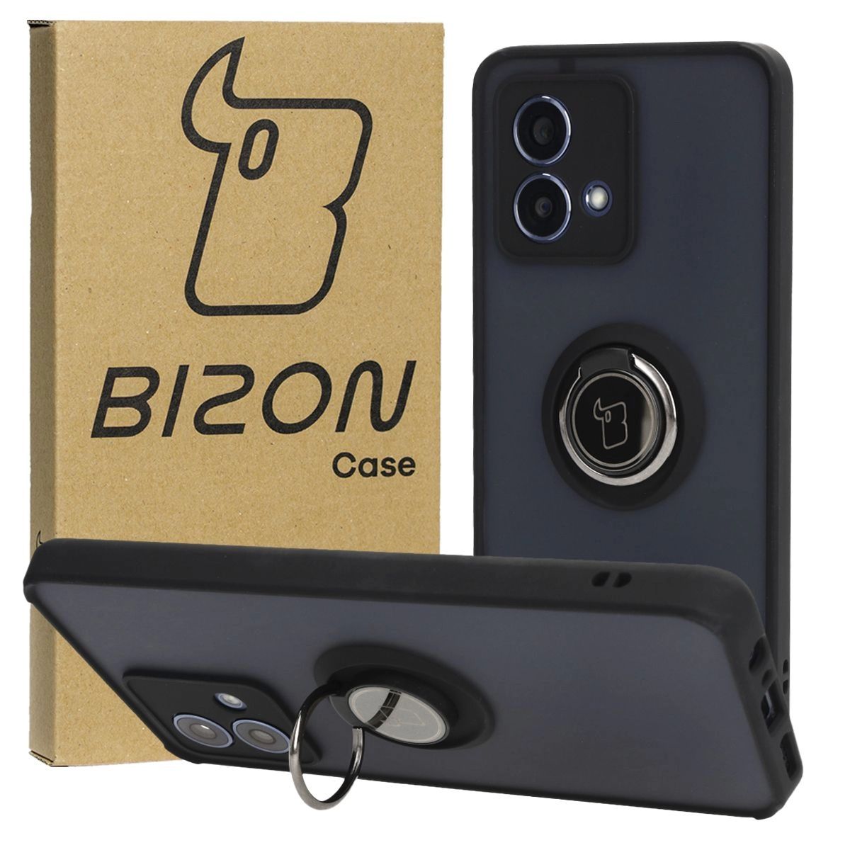 Etui Bizon z uchwytem na palec Hybrid Ring do Motorola Moto G84 5G Przydymione z czarną ramką