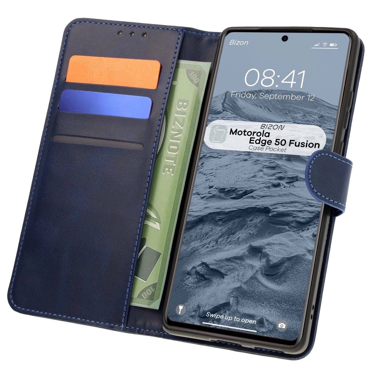 Etui Bizon z klapką Pocket do Motorola Edge 50 Fusion Granatowy