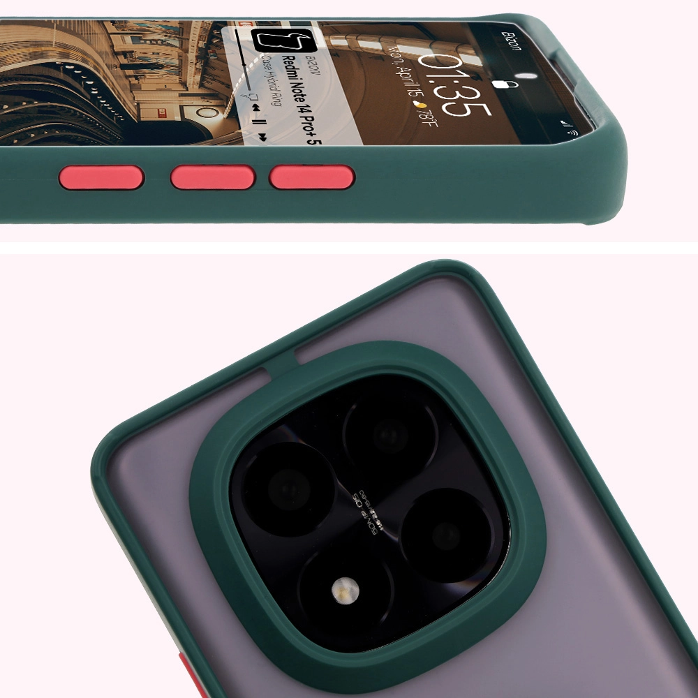 Etui Bizon z uchwytem na palec Hybrid Ring do Xiaomi Redmi Note 14 Pro Plus 5G Przydymione z ciemnozieloną ramką