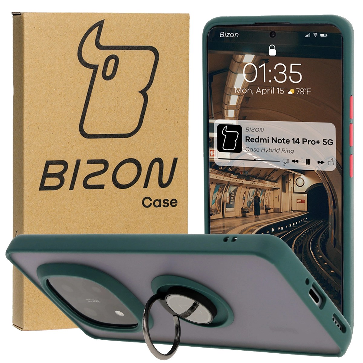 Etui Bizon z uchwytem na palec Hybrid Ring do Xiaomi Redmi Note 14 Pro Plus 5G Przydymione z ciemnozieloną ramką