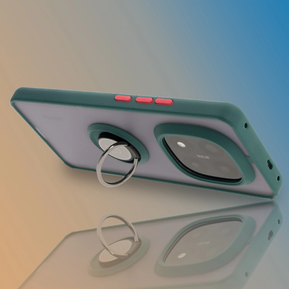 Etui Bizon z uchwytem na palec Hybrid Ring do Xiaomi Redmi Note 14 Pro Plus 5G Przydymione z ciemnozieloną ramką