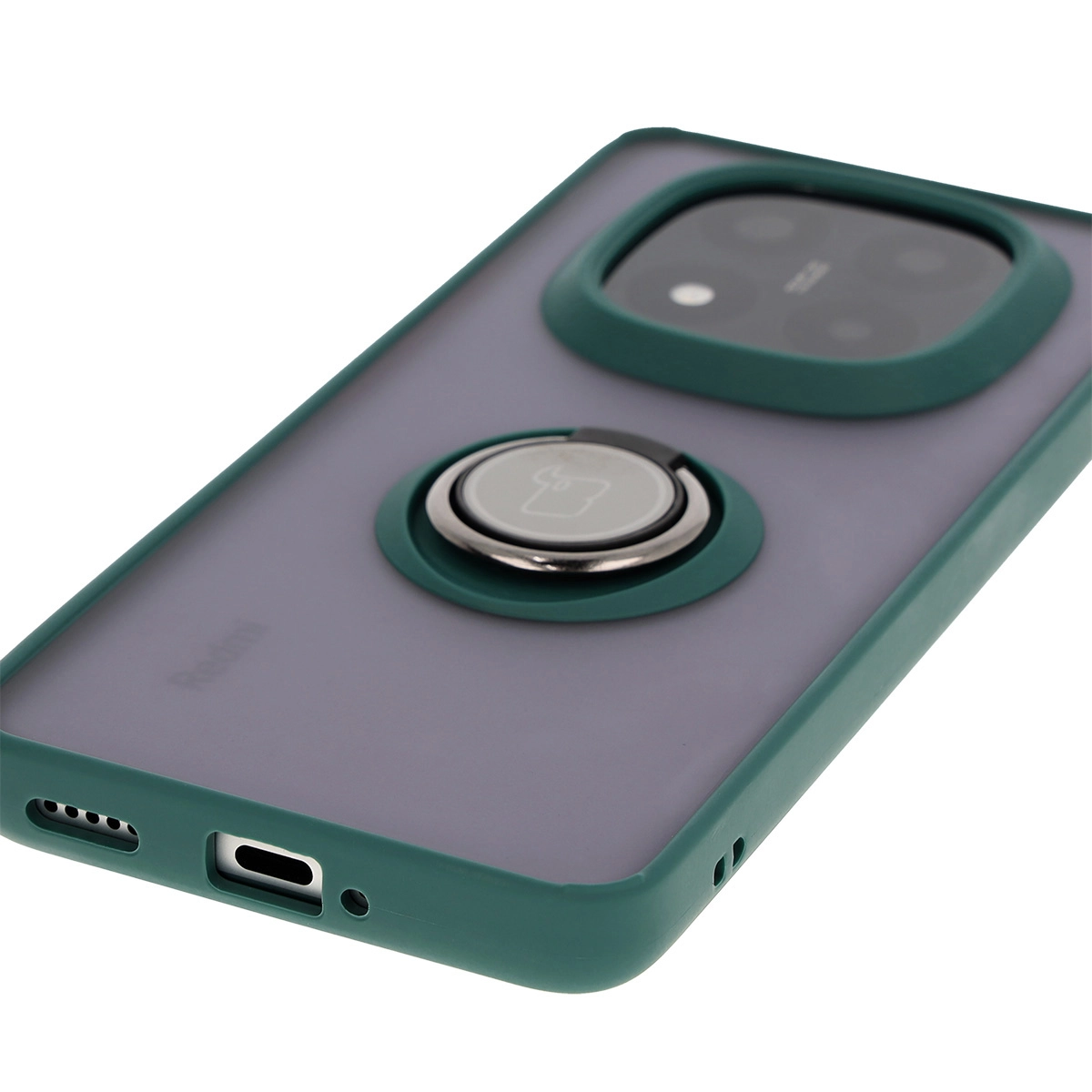 Etui Bizon z uchwytem na palec Hybrid Ring do Xiaomi Redmi Note 14 Pro Plus 5G Przydymione z ciemnozieloną ramką