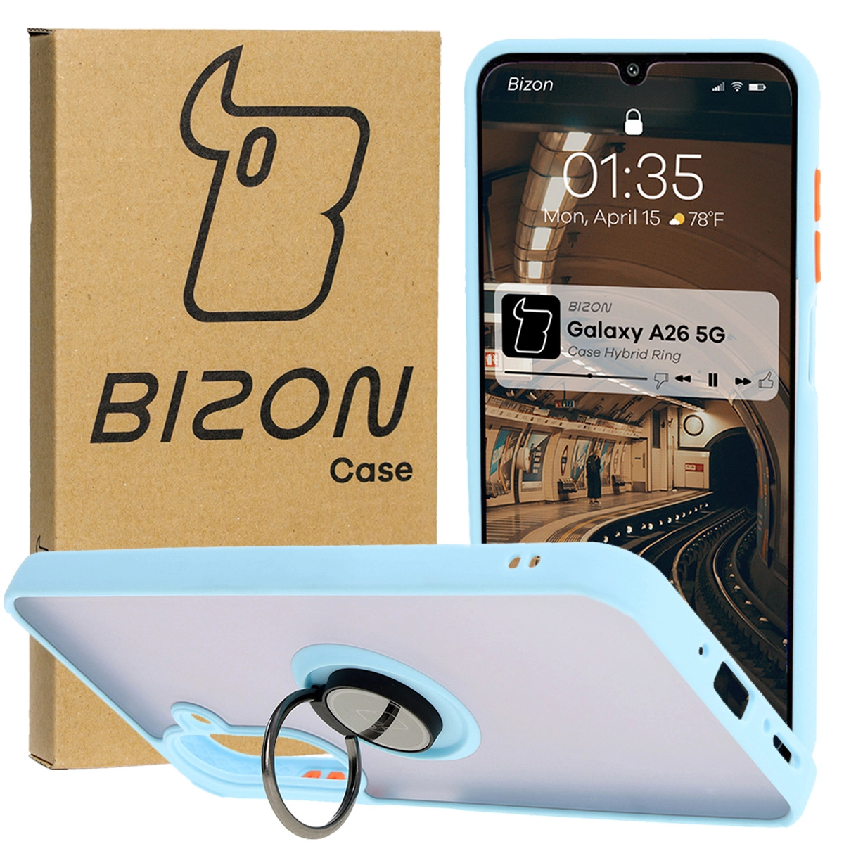 Etui Bizon z uchwytem na palec Hybrid Ring do Galaxy A26 5G Przydymione z jasnoniebieską ramką