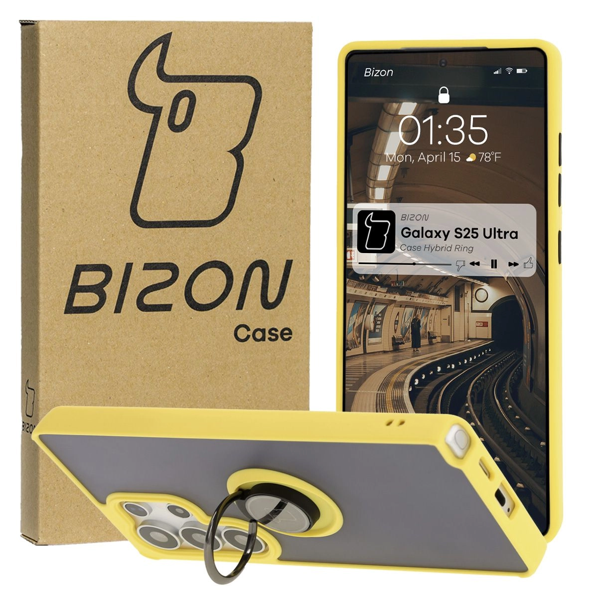 Etui Bizon z uchwytem na palec Hybrid Ring do Galaxy S25 Ultra Przydymione z żółtą ramką