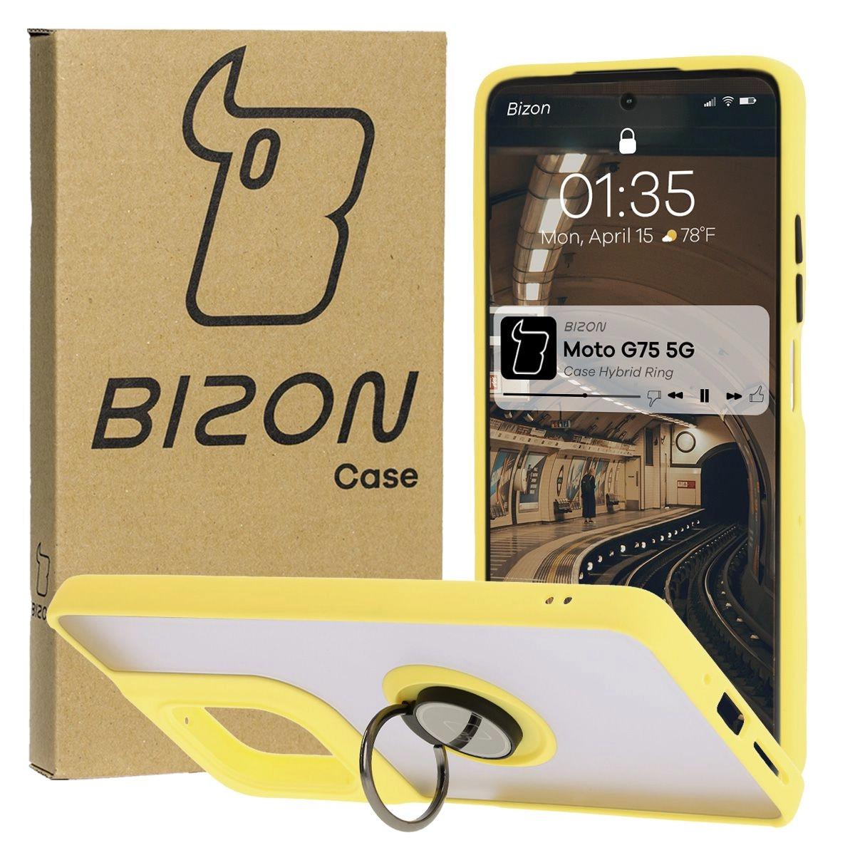 Etui Bizon z uchwytem na palec Hybrid Ring do Motorola Moto G75 5G Przydymione z żółtą ramką