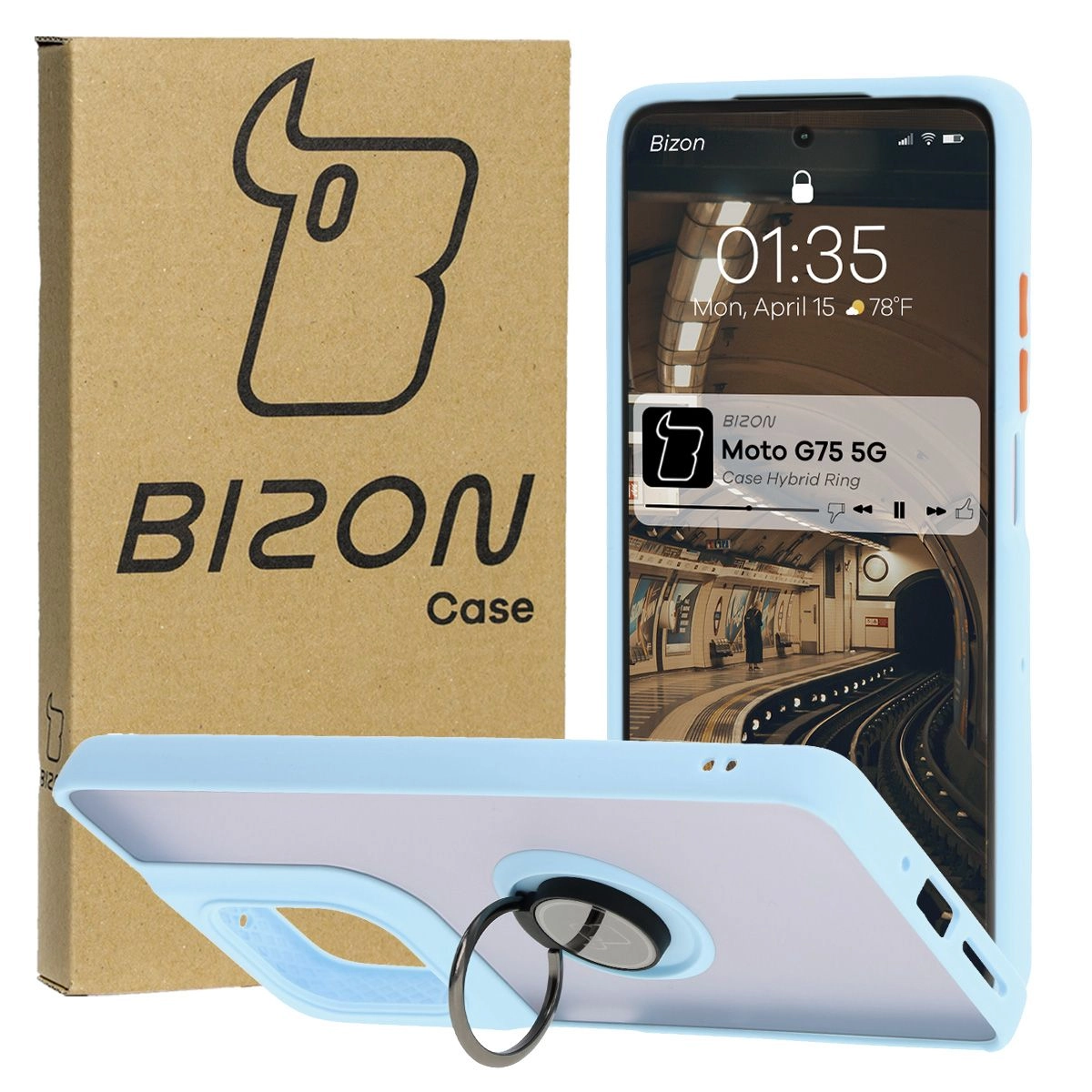 Etui Bizon z uchwytem na palec Hybrid Ring do Motorola Moto G75 5G Przydymione z jasnoniebieską ramką