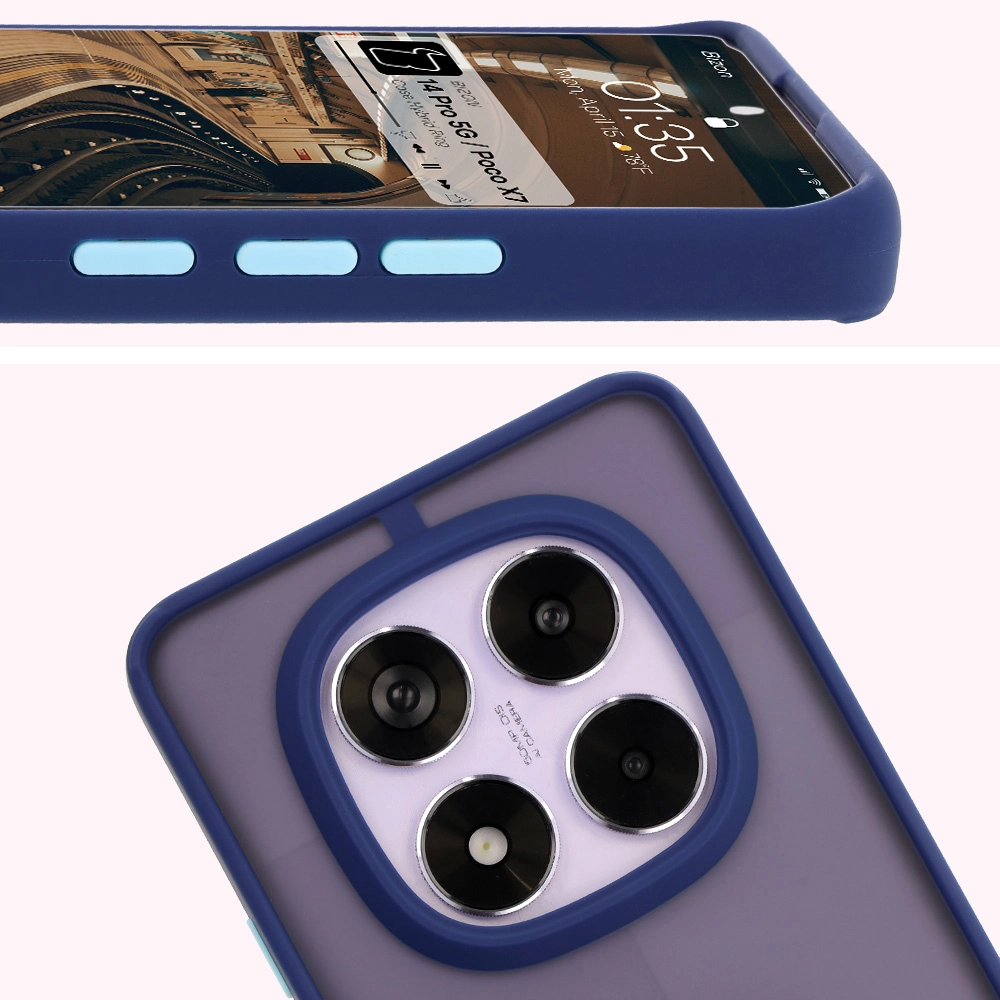 Etui Bizon z uchwytem na palec Hybrid Ring do Xiaomi Redmi Note 14 Pro 5G / Poco X7 Przydymione z granatową ramką