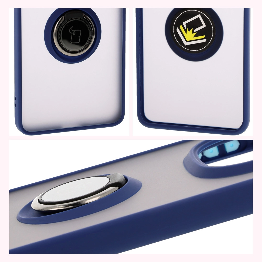 Etui Bizon z uchwytem na palec Hybrid Ring do Xiaomi Redmi Note 14 Pro 5G / Poco X7 Przydymione z granatową ramką